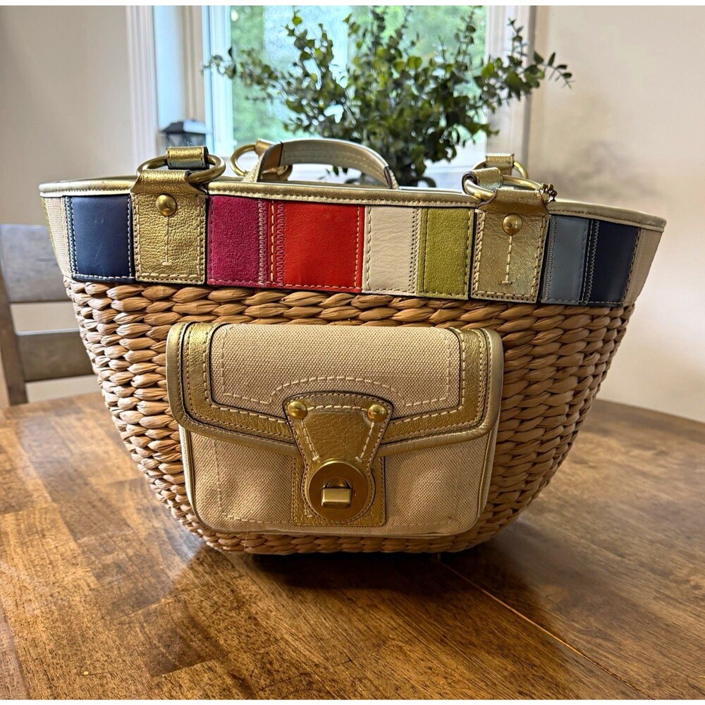 2006 Coach 10749 Lily 65th Anniversary Straw Tote Multicolor Gold Leather Bag